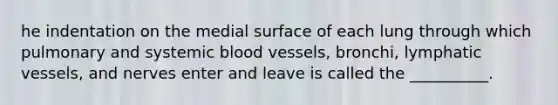 he indentation on the medial surface of each lung through which pulmonary and systemic blood vessels, bronchi, lymphatic vessels, and nerves enter and leave is called the __________.