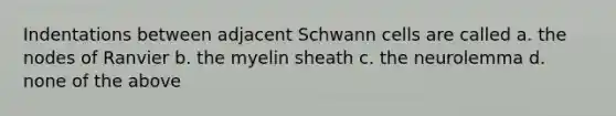 Indentations between adjacent Schwann cells are called a. the nodes of Ranvier b. the myelin sheath c. the neurolemma d. none of the above