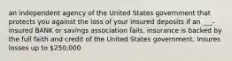 an independent agency of the United States government that protects you against the loss of your insured deposits if an ___-insured BANK or savings association fails. insurance is backed by the full faith and credit of the United States government. Insures losses up to 250,000