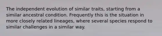 The independent evolution of similar traits, starting from a similar ancestral condition. Frequently this is the situation in more closely related lineages, where several species respond to similar challenges in a similar way.