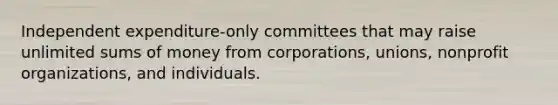 Independent expenditure-only committees that may raise unlimited sums of money from corporations, unions, nonprofit organizations, and individuals.