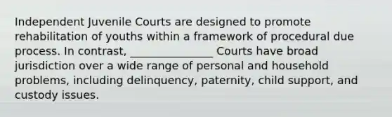 Independent Juvenile Courts are designed to promote rehabilitation of youths within a framework of procedural due process. In contrast, _______________ Courts have broad jurisdiction over a wide range of personal and household problems, including delinquency, paternity, child support, and custody issues.