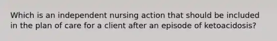 Which is an independent nursing action that should be included in the plan of care for a client after an episode of ketoacidosis?