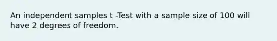 An independent samples t -Test with a sample size of 100 will have 2 degrees of freedom.