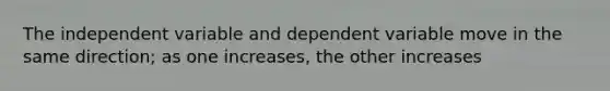 The independent variable and dependent variable move in the same direction; as one increases, the other increases