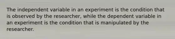 ​The independent variable in an experiment is the condition that is observed by the researcher, while the dependent variable in an experiment is the condition that is manipulated by the researcher.