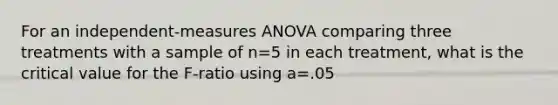 For an independent-measures ANOVA comparing three treatments with a sample of n=5 in each treatment, what is the critical value for the F-ratio using a=.05