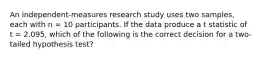 An independent-measures research study uses two samples, each with n = 10 participants. If the data produce a t statistic of t = 2.095, which of the following is the correct decision for a two-tailed hypothesis test?