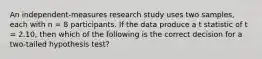 An independent-measures research study uses two samples, each with n = 8 participants. If the data produce a t statistic of t = 2.10, then which of the following is the correct decision for a two-tailed hypothesis test?