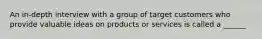 An in-depth interview with a group of target customers who provide valuable ideas on products or services is called a ______