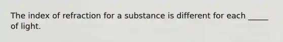 The index of refraction for a substance is different for each _____ of light.