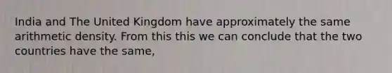 India and The United Kingdom have approximately the same arithmetic density. From this this we can conclude that the two countries have the same,