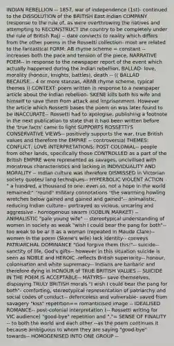 INDIAN REBELLION -- 1857, war of independence (1st)- continued to the DISSOLUTION of the BRITISH East Indian COMPANY (response to the rule of, as were overthrowing the natives and attempting to RECONSTRUCT the country to be completely under the rule of British Raj) -- date connects to reality which differs from the other poems in the Rossetti collection- most are related to the fantastical FORM: AB rhyme scheme = constant -- increases both the pace and tension of the piece, NARRATIVE POEM-- in response to the newspaper report of the event which actually happened during the Indian rebellion, BALLAD- love, morality (honour, knights, battles), death -- (( BALLAD BECAUSE... 4 or more stanzas, ABAB rhyme scheme, typical themes )) CONTEXT: poem written in response to a newspaper article about the Indian rebellion- SKENE kills both his wife and himself to save them from attack and imprisonment. However the article which Rossetti bases the poem on was later found to be INACCURATE-- Rossetti had to apologise, publishing a footnote in the next publication to state that it had been written before the 'true facts' came to light SUPPORTS ROSSETTI'S CONSERVATIVE VIEWS-- positively supports the war, true British values and therefore the EMPIRE -- controversial THEMES: CONFLICT, LOVE INTERPRETATIONS: POST COLONIAL-- people from other lands, specifically those CONTROLLED as a part of the British EMPIRE were represented as savages, uncivilised with monstrous characteristics and lacking in INDIVIDUALITY AND MORALITY -- Indian culture was therefore DISMISSED in Victorian society quotes/ lang technqiues-- HYPERBOLIC VIOLENT ACTION -" a hundred, a thousand to one: even so, not a hope in the world remained:" "round" military connotations "the swarming howling wretches below gained and gained and gained"-- animalistic, reducing Indian culture-- portrayed as vicious, uncaring and aggressive - homogenous swarm (GOBLIN MARKET) -- ANIMALISTIC "pale young wife" -- stereotypical understanding of women in society as weak "wish I could bear the pang for both"-- too weak to be ar it as a woman (repeated in Maude Clare)-- women in the poem (Skene's wife) lack identity-- conveys PATRIARCHAL DOMINANCE "God forgive them this!"-- suicide-- sanctity of life, God's gifts-- however in this situation suicide is seen as NOBLE and HEROIC -reflects British superiority-- honour, colonisation and white supremacy-- Indians are barbaric and therefore dying in HONOUR of TRUE BRITISH VALUES -- SUICIDE IN THE POEM IS ACCEPTABLE-- MATYRS-- save themselves, displaying TRULY BRITISH morals "I wish I could bear the pang for both"- comforting, stereotypical representation of patriarchy and social codes of conduct-- defenceless and vulnerable- saved from savagery "kiss" repetition== romanticised image -- IDEALISED ROMANCE-- post-colonial interpretation (-- Rossetti writing for VIC audience) "good-bye" repetition and "."= SENSE OF FINALITY -- to both the world and each other --as the poem continues it because ambiguous to whom they are saying "good-bye" towards-- HOMOGENISED INTO ONE GROUP --