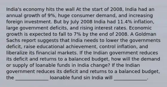 India's economy hits the wall At the start of 2008, India had an annual growth of 9%, huge consumer demand, and increasing foreign investment. But by July 2008 India had 11.4% inflation, large government deficits, and rising interest rates. Economic growth is expected to fall to 7% by the end of 2008. A Goldman Sachs report suggests that India needs to lower the governments deficit, raise educational achievement, control inflation, and liberalize its financial markets. If the Indian government reduces its deficit and returns to a balanced budget, how will the demand or supply of loanable funds in India change? If the Indian government reduces its deficit and returns to a balanced budget, the ______________ loanable fund sin India will ______________.