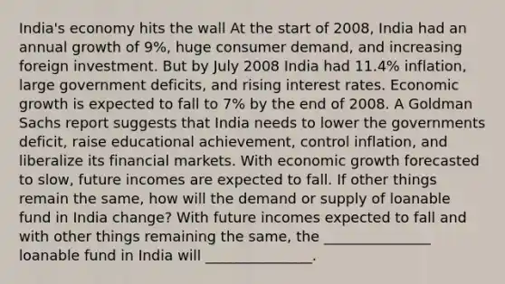 India's economy hits the wall At the start of 2008, India had an annual growth of 9%, huge consumer demand, and increasing foreign investment. But by July 2008 India had 11.4% inflation, large government deficits, and rising interest rates. Economic growth is expected to fall to 7% by the end of 2008. A Goldman Sachs report suggests that India needs to lower the governments deficit, raise educational achievement, control inflation, and liberalize its financial markets. With economic growth forecasted to slow, future incomes are expected to fall. If other things remain the same, how will the demand or supply of loanable fund in India change? With future incomes expected to fall and with other things remaining the same, the _______________ loanable fund in India will _______________.