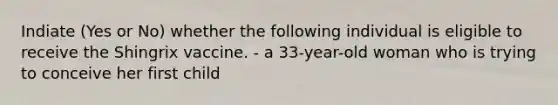 Indiate (Yes or No) whether the following individual is eligible to receive the Shingrix vaccine. - a 33-year-old woman who is trying to conceive her first child