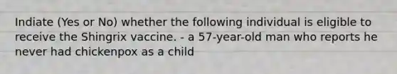 Indiate (Yes or No) whether the following individual is eligible to receive the Shingrix vaccine. - a 57-year-old man who reports he never had chickenpox as a child