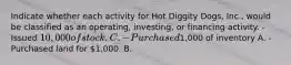 Indicate whether each activity for Hot Diggity Dogs, Inc., would be classified as an operating, investing, or financing activity. -Issued 10,000 of stock. C. -Purchased1,000 of inventory A. -Purchased land for 1,000. B.