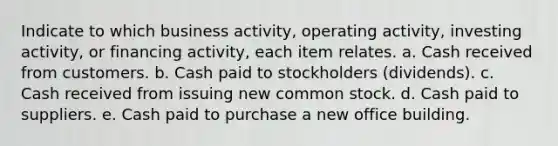 Indicate to which business activity, operating activity, investing activity, or financing activity, each item relates. a. Cash received from customers. b. Cash paid to stockholders (dividends). c. Cash received from issuing new common stock. d. Cash paid to suppliers. e. Cash paid to purchase a new office building.