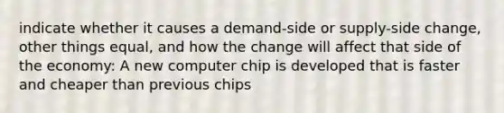 indicate whether it causes a demand-side or supply-side change, other things equal, and how the change will affect that side of the economy: A new computer chip is developed that is faster and cheaper than previous chips