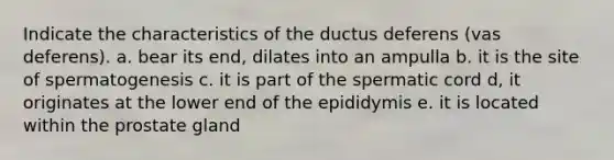 Indicate the characteristics of the ductus deferens (vas deferens). a. bear its end, dilates into an ampulla b. it is the site of spermatogenesis c. it is part of the spermatic cord d, it originates at the lower end of the epididymis e. it is located within the prostate gland