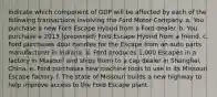 Indicate which component of GDP will be affected by each of the following transactions involving the Ford Motor Company. a. You purchase a new Ford Escape Hybrid from a Ford dealer. b. You purchase a 2013 (preowned) Ford Escape Hybrid from a friend. c. Ford purchases door handles for the Escape from an auto parts manufacturer in Indiana. d. Ford produces 1,000 Escapes in a factory in Missouri and ships them to a cap dealer in Shanghai, China. e. Ford purchases new machine tools to use in its Missouri Escape factory. f. The state of Missouri builds a new highway to help improve access to the Ford Escape plant.