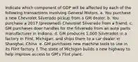 Indicate which component of GDP will be affected by each of the following transactions involving General Motors. a. You purchase a new Chevrolet Silverado pickup from a GM dealer. b. You purchase a 2017​ (preowned) Chevrolet Silverado from a friend. c. GM purchases door handles for the Silverado from an auto parts manufacturer in Indiana. d. GM produces​ 1,000 Silverados in a factory in​ Flint, Michigan, and ships them to a car dealer in​ Shanghai, China. e. GM purchases new machine tools to use in its Flint factory. f. The state of Michigan builds a new highway to help improve access to​ GM's Flint plant.