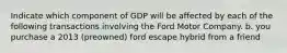 Indicate which component of GDP will be affected by each of the following transactions involving the Ford Motor Company. b. you purchase a 2013 (preowned) ford escape hybrid from a friend