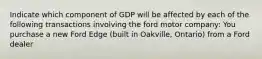 Indicate which component of GDP will be affected by each of the following transactions involving the ford motor company: You purchase a new Ford Edge​ (built in​ Oakville, Ontario) from a Ford dealer