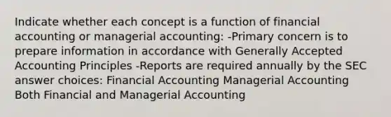 Indicate whether each concept is a function of financial accounting or managerial accounting: -Primary concern is to prepare information in accordance with Generally Accepted Accounting Principles -Reports are required annually by the SEC answer choices: Financial Accounting Managerial Accounting Both Financial and Managerial Accounting