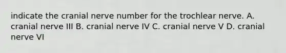 indicate the cranial nerve number for the trochlear nerve. A. cranial nerve III B. cranial nerve IV C. cranial nerve V D. cranial nerve VI