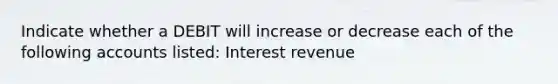 Indicate whether a DEBIT will increase or decrease each of the following accounts listed: Interest revenue