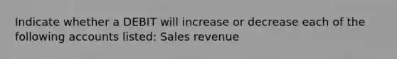 Indicate whether a DEBIT will increase or decrease each of the following accounts listed: Sales revenue