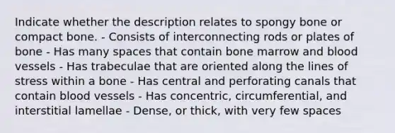 Indicate whether the description relates to spongy bone or compact bone. - Consists of interconnecting rods or plates of bone - Has many spaces that contain bone marrow and <a href='https://www.questionai.com/knowledge/kZJ3mNKN7P-blood-vessels' class='anchor-knowledge'>blood vessels</a> - Has trabeculae that are oriented along the lines of stress within a bone - Has central and perforating canals that contain blood vessels - Has concentric, circumferential, and interstitial lamellae - Dense, or thick, with very few spaces