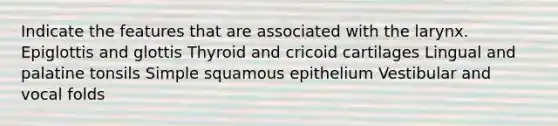 Indicate the features that are associated with the larynx. Epiglottis and glottis Thyroid and cricoid cartilages Lingual and palatine tonsils Simple squamous epithelium Vestibular and vocal folds