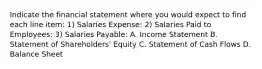 Indicate the financial statement where you would expect to find each line item: 1) Salaries Expense: 2) Salaries Paid to Employees: 3) Salaries Payable: A. Income Statement B. Statement of Shareholders' Equity C. Statement of Cash Flows D. Balance Sheet