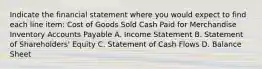 Indicate the financial statement where you would expect to find each line item: Cost of Goods Sold Cash Paid for Merchandise Inventory Accounts Payable A. Income Statement B. Statement of Shareholders' Equity C. Statement of Cash Flows D. Balance Sheet