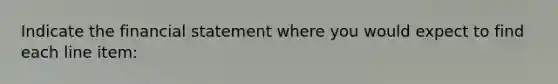 Indicate the financial statement where you would expect to find each line item: