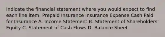 Indicate the financial statement where you would expect to find each line item: Prepaid Insurance Insurance Expense Cash Paid for Insurance A. Income Statement B. Statement of Shareholders' Equity C. Statement of Cash Flows D. Balance Sheet