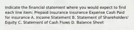 Indicate the financial statement where you would expect to find each line item: Prepaid Insurance Insurance Expense Cash Paid for insurance A. Income Statement B. Statement of Shareholders' Equity C. Statement of Cash Flows D. Balance Sheet