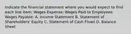 Indicate the financial statement where you would expect to find each line item: Wages Expense: Wages Paid to Employees: Wages Payable: A. Income Statement B. Statement of Shareholders' Equity C. Statement of Cash Flows D. Balance Sheet