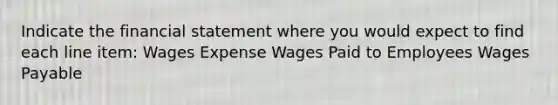 Indicate the financial statement where you would expect to find each line item: Wages Expense Wages Paid to Employees Wages Payable