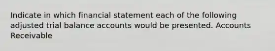 Indicate in which financial statement each of the following adjusted trial balance accounts would be presented. Accounts Receivable