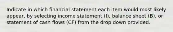 Indicate in which financial statement each item would most likely appear, by selecting income statement (I), balance sheet (B), or statement of cash flows (CF) from the drop down provided.