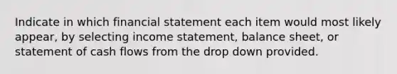 Indicate in which financial statement each item would most likely appear, by selecting income statement, balance sheet, or statement of cash flows from the drop down provided.