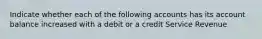 Indicate whether each of the following accounts has its account balance increased with a debit or a credit Service Revenue