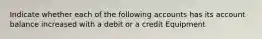 Indicate whether each of the following accounts has its account balance increased with a debit or a credit Equipment