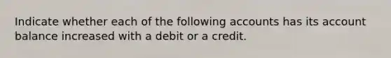 Indicate whether each of the following accounts has its account balance increased with a debit or a credit.