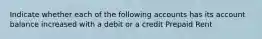 Indicate whether each of the following accounts has its account balance increased with a debit or a credit Prepaid Rent