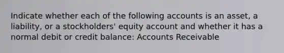 Indicate whether each of the following accounts is an asset, a liability, or a stockholders' equity account and whether it has a normal debit or credit balance: Accounts Receivable